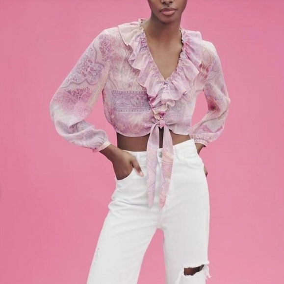 ZARA PAISLEY BLOUSE RUFFLE TOP PATCHWORK TIE FRONT CROP SHIRT BOHO SZ M - Picture 2 of 5